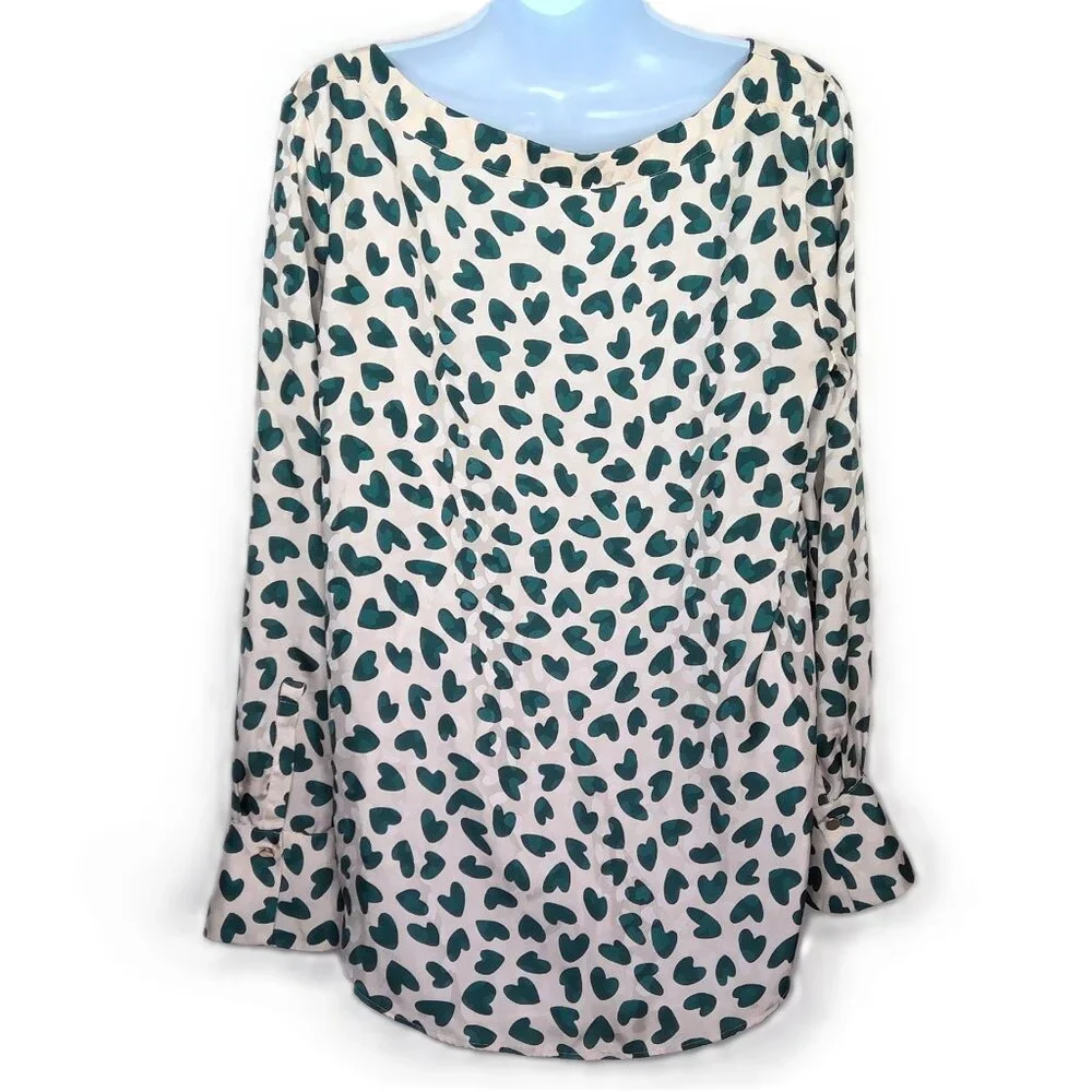 Ann Taylor Blousy Top Cream & Green Hearts Pullover Goldtone Button Cuff EUC M - Picture 2 of 5